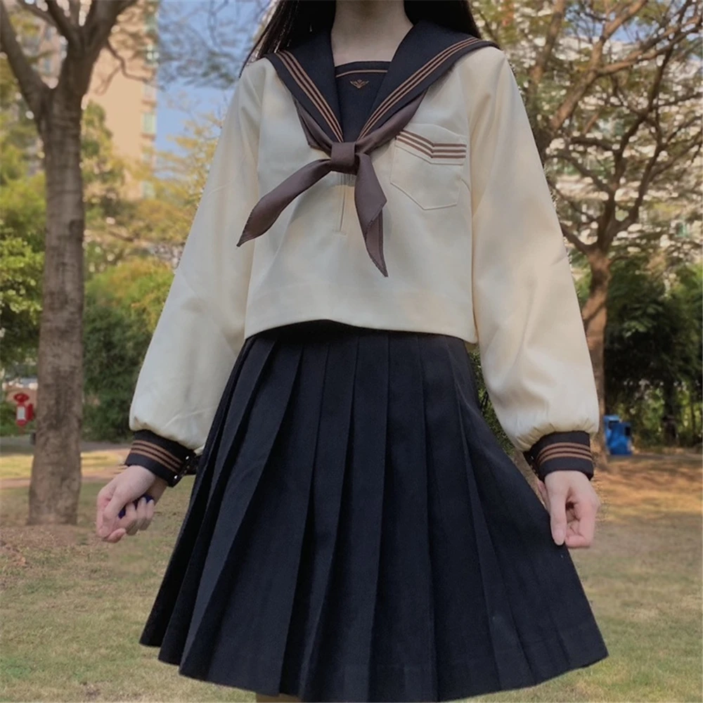 女性のための日本の女子高生の制服スカート,ネイビーブルーのスカーフ,大学の服,セーラーの衣装,セクシーなシャツ,プリーツスカート,S-XXL