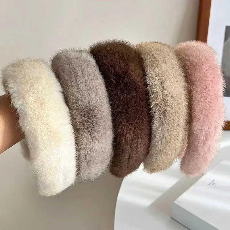 

Autumn Winter Faux Mink Fur Headband Thickened Fur Headband with Wide Edges Washed Face Mink Fur Headwear Solid Color Headband