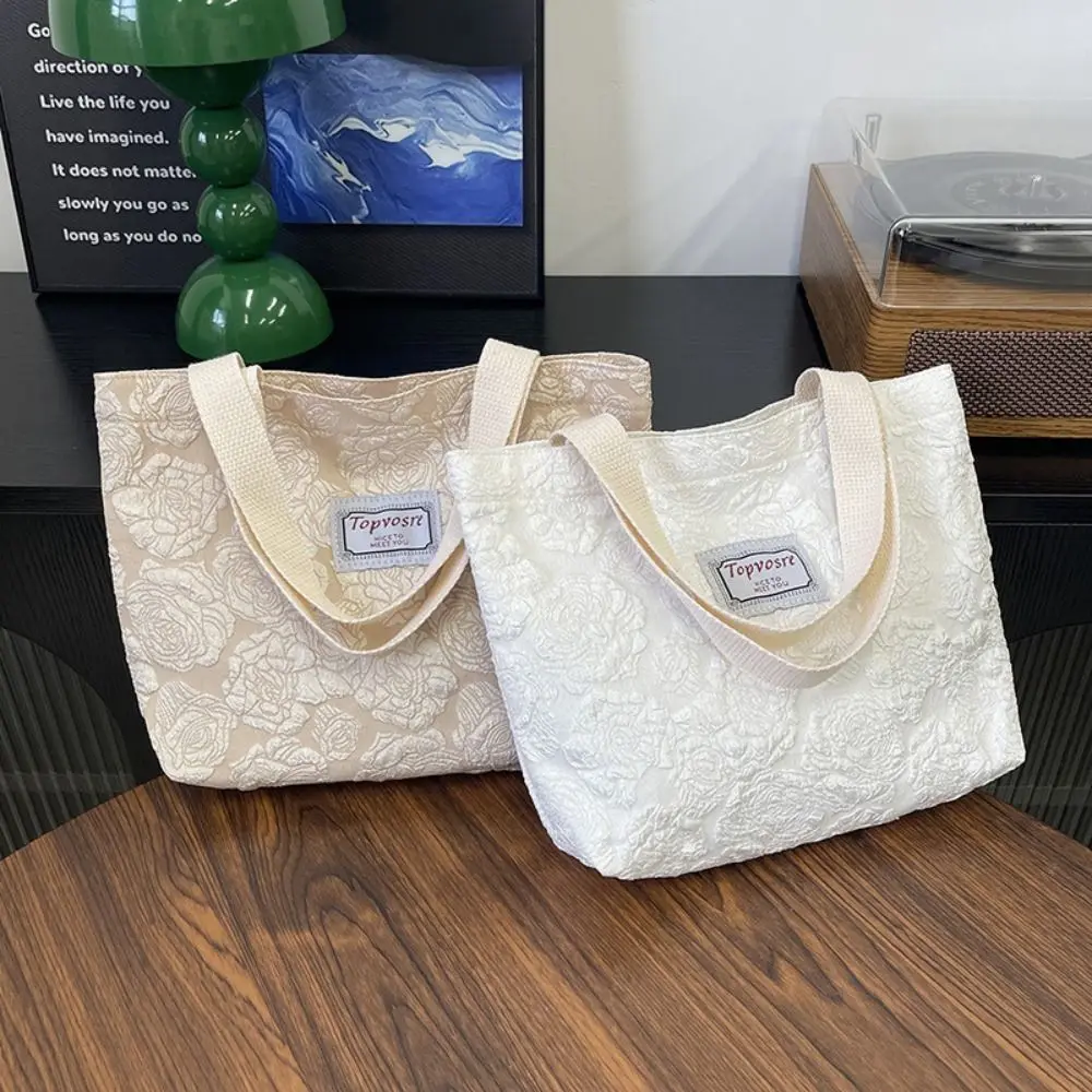 Elegant Floral Print Canvas Bag Reusable Large Capacity Tote Bag Lightweight Versatile Shoulder Bag Student