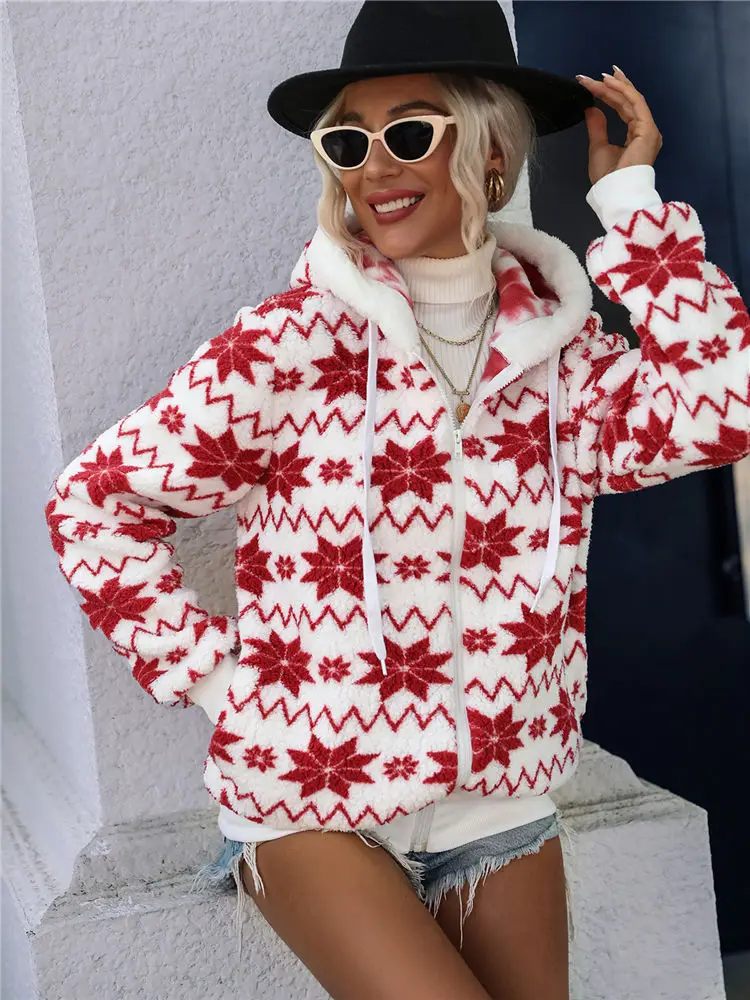 2023 Christmas Fleece Sweater Winter Hooded Snowflake Sherpa Fluffy Zipper Cardigan Women Streetwear Fuzzy Jacket