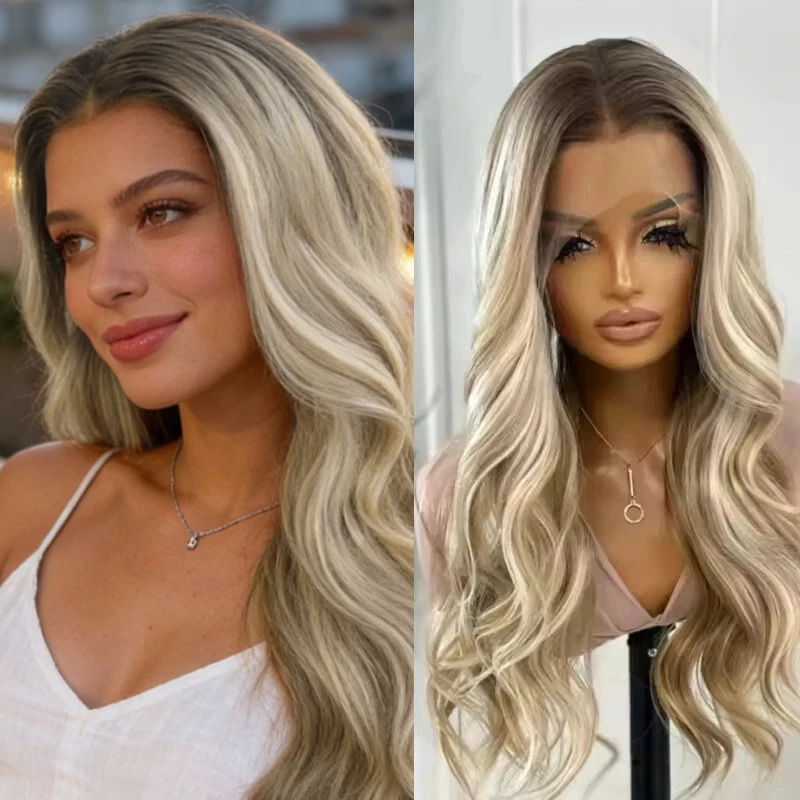 

Women's Wig 13x4 Ombre Creamy Ash Blonde Synthetic HD Lace Front Wig Invisible Transparent Lace Natural Preplucked Hairline 26''
