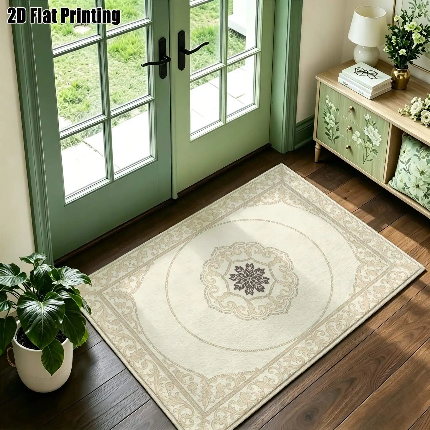 1Pc 2D Printed Carpet: Beige-White Base, Gray Floral European-Style Pattern Nordic, Modern Minimalist, Vintage, Geometric Options for Home Decor, Multi-Size, Machine Washable. Suitable for Entrance, Dining Room, Foyer, Bedroom, Living Room.