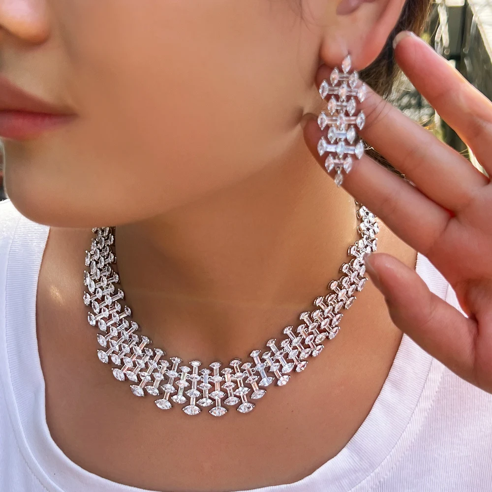 CWWZircons Super Shiny White Cubic Zirconia Big Chunky Party Wedding Necklace Bridal Jewelry Sets Costume Accessories T726