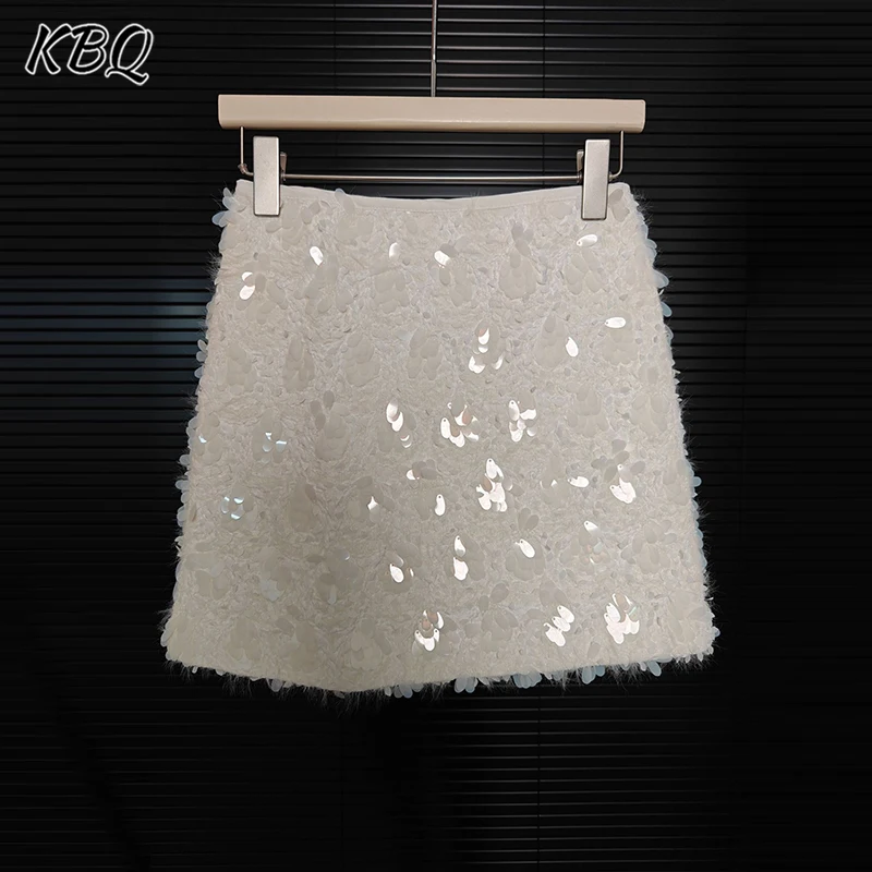 KBQ Solid Spliced Sequins Chic Skirt For Women High Waist Minimalist Luxury Design Sense A Line Skirt Female Fashion Winter New