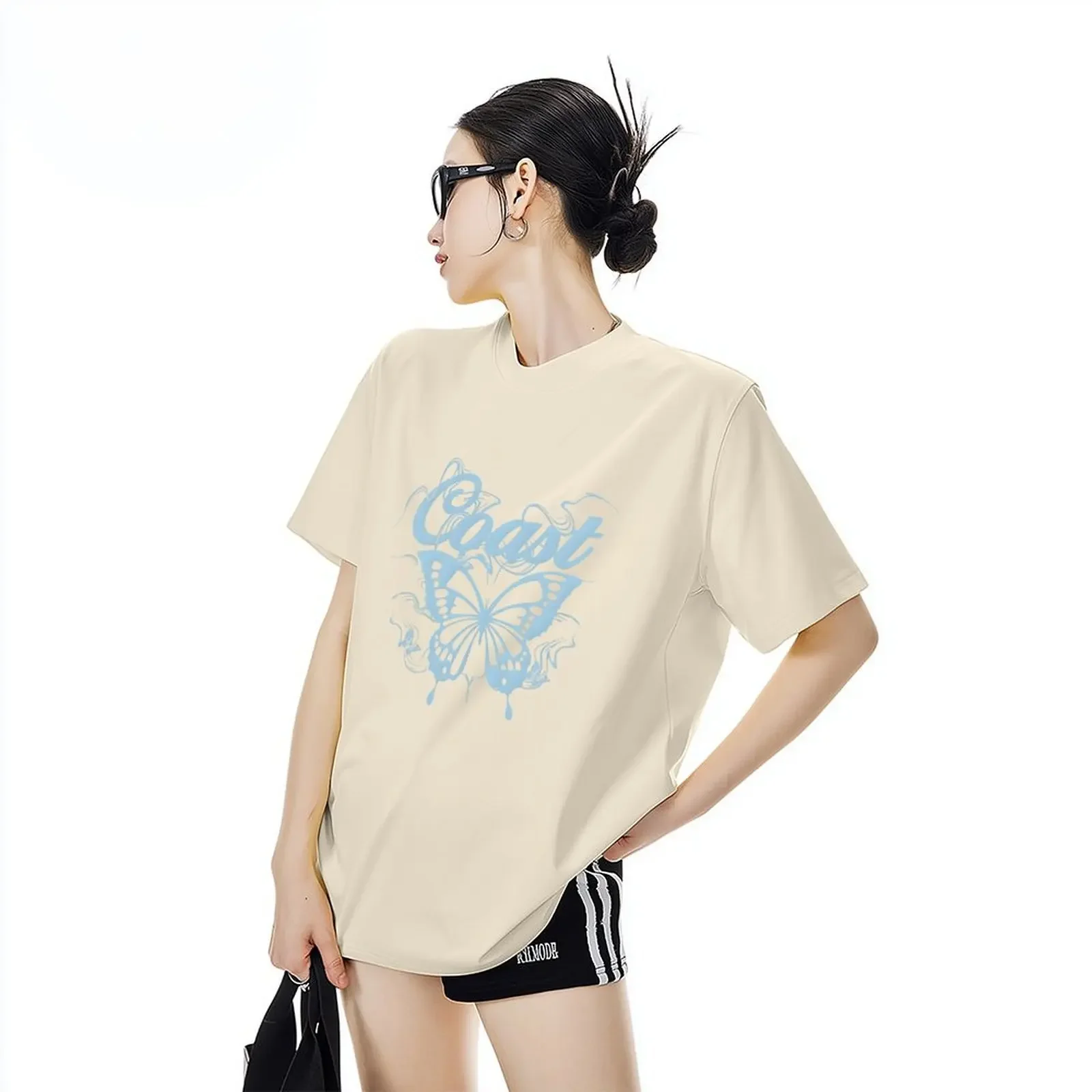 

90s T Shirt Paris Women Butterfly Print T-shirt Short Sleeve Crew Neck Casual Top For Summer Spring Tops Korean Women's Clothing