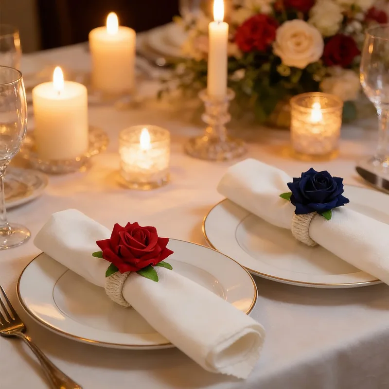 

Champagne Rose Napkin Buckle Valentine's Day Hotel Napkin Ring Hemp Rope Mouth Cloth Ring Flower Napkin Ring