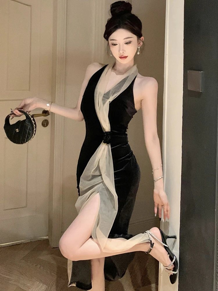 Otoño Invierno vestido de malla de retales de terciopelo rosa mujer elegante vestido Sexy montado en el cuello 2025 vestido de fiesta de lujo Vintage coreano