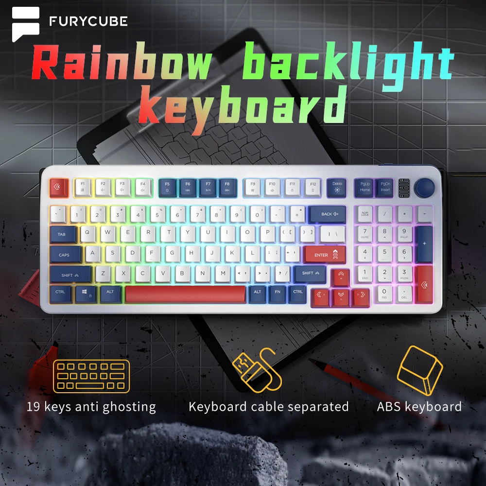 

FURYCUBE BM98 Wired Mechanical feel Keyboard Knobs Control Button Rainbow RGB Backlit ABS Keycap for Office Gaming Keyboards 98