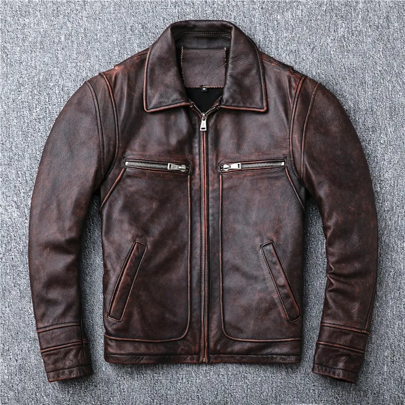 

Red Brown Heavy Industry locomotive top layer cowhide leather men's lapel
