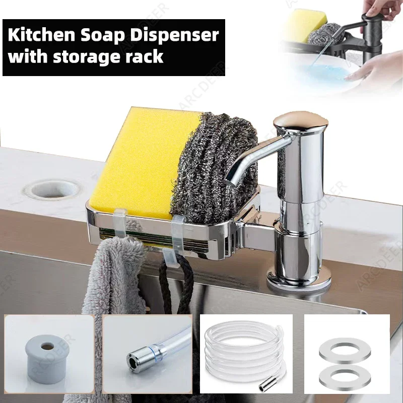 

Kitchen Sink Soap Dispenser Detergent with Storage Rack Hand Pressure Liquid Dispenser Extension Tube Kit Kitchen Accessories