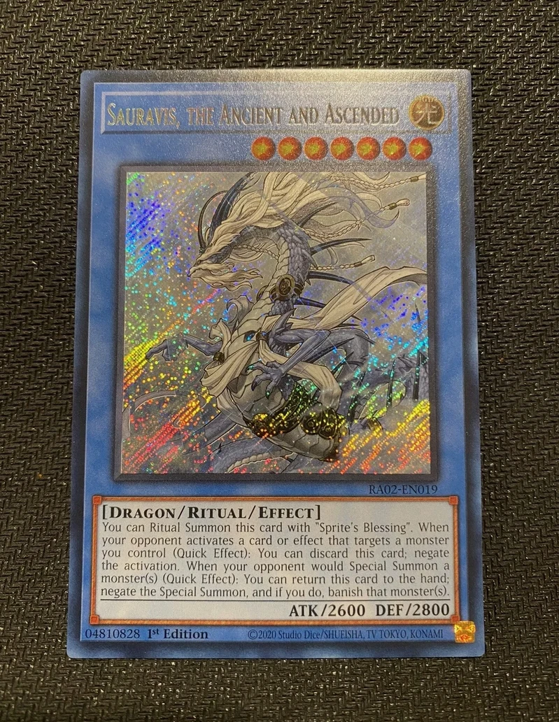 

Yugioh KONAMI Duel Monsters TCG RA02-EN019 Sauravis, the Ancient and Ascended Secret English 1st Edition Collection Mint Card