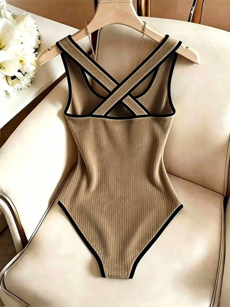 Women Ribbed Knit Bodysuit Sleeveless Tank Top Crisscross Back Black Contrast Trim Slim Stretch Casual Streetwear