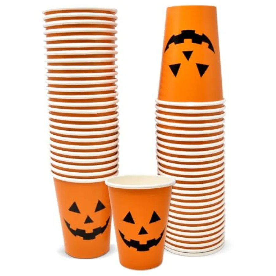 

50 упаковок бумажных стаканчиков с тыквой на Хэллоуин, одноразовые вечерние посуды для напитков Jack OLantern на вечеринках «Кошелек или жизнь» SpookyThem