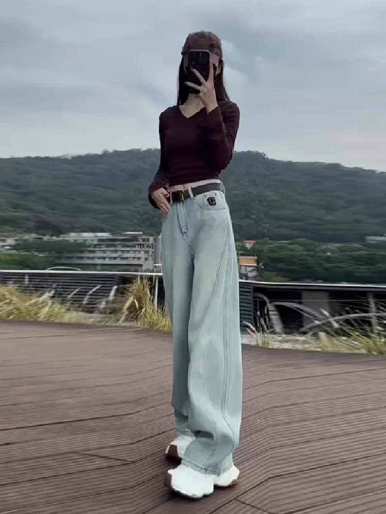 التخسيس ضوء Waed مستقيم الساق الجينز المرأة فضفاضة تناسب عالية الخصر بنطال ذو قصة أرجل واسعة عادية Sle الصيف الجينز #4