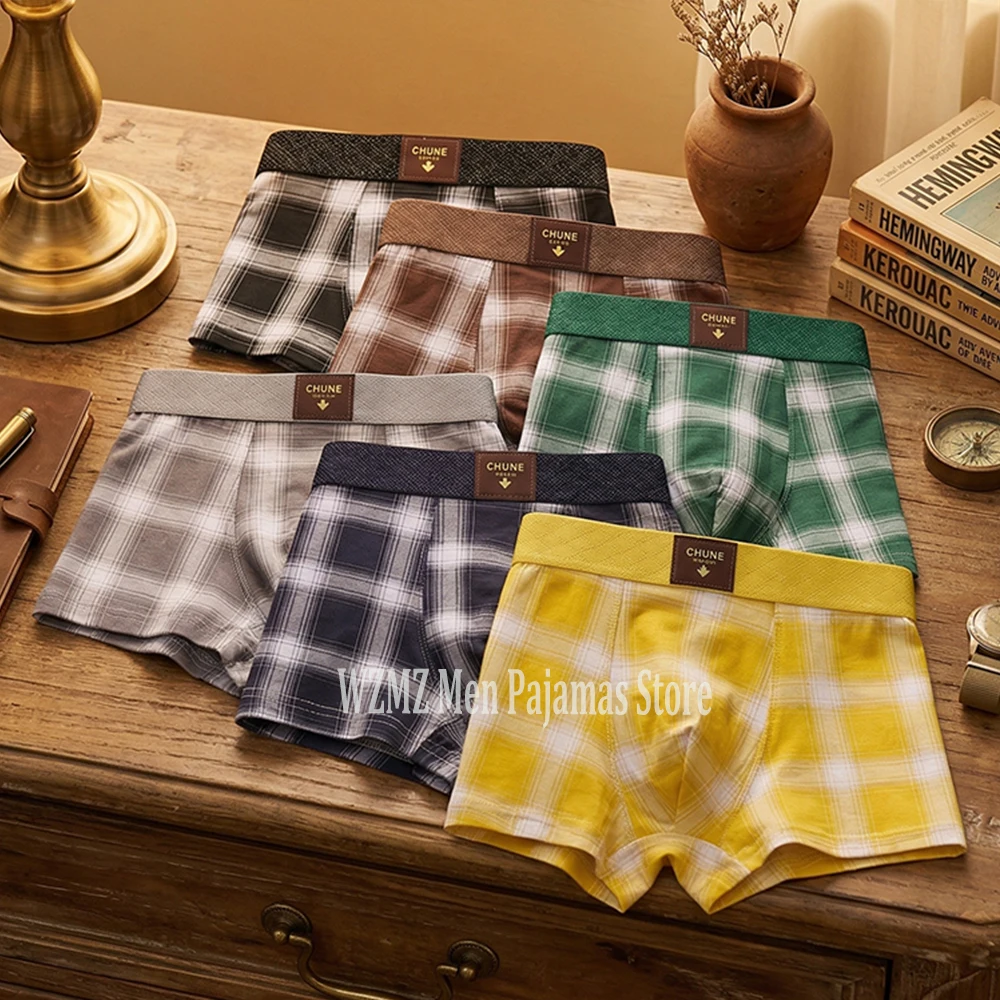 

Набор из 6 шт. Модные мужские трусы-боксеры в крупную клетку, 95% хлопок, дышащая сетка, U-образный карман, высокая эластичность