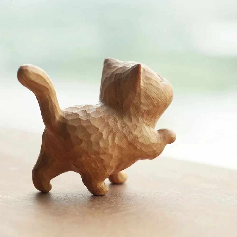 Hand-carved Wooden Cat, Wooden Cat Sculpture Collection Figurine Decoration, Desk Decoration Boxwood carving kitten