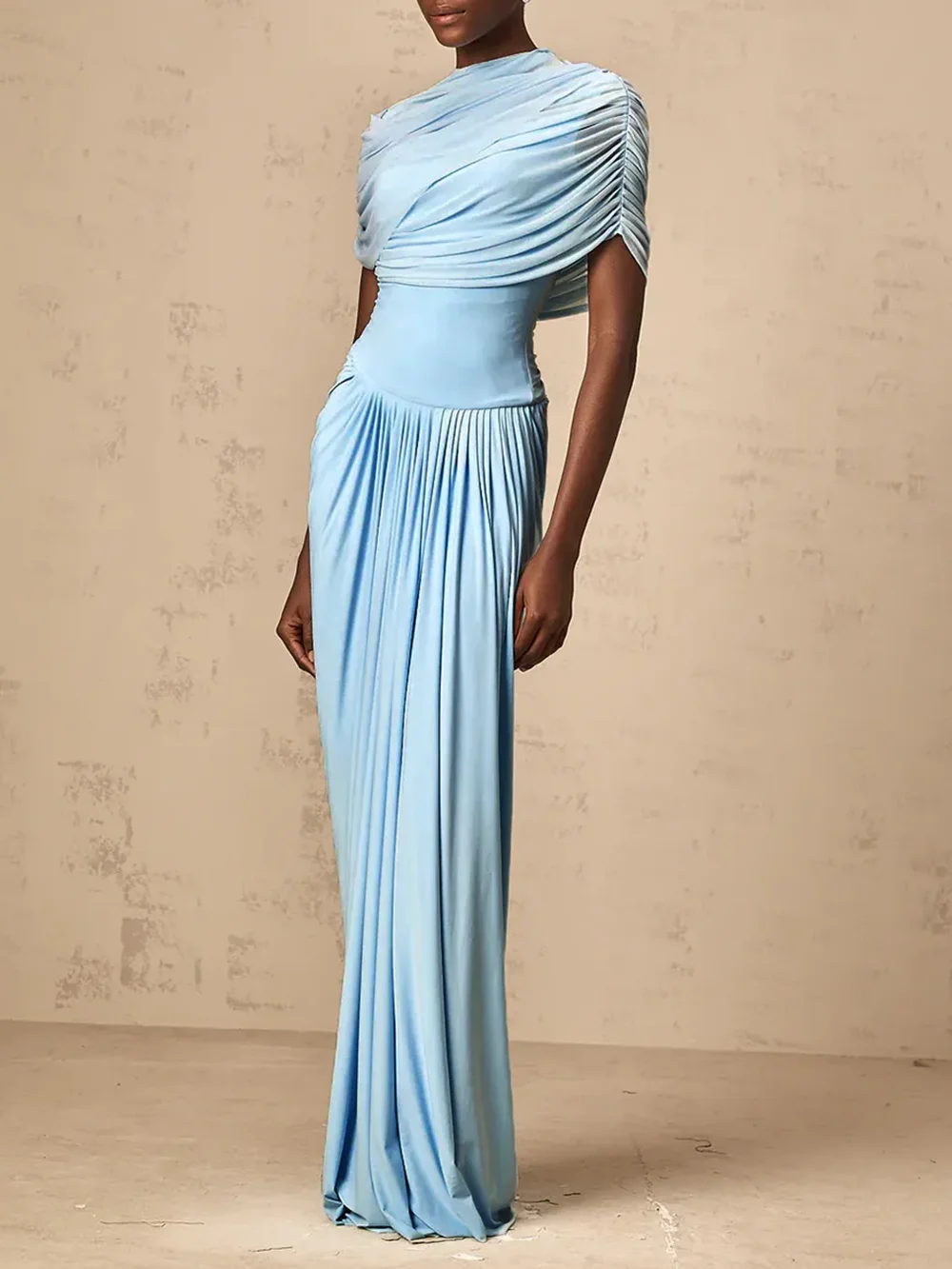 Modphy Solid Spliced Folds Shawl design Slim long Dresses For Women Short Sleeve High Waist Elegant Long Dress Female Fashion