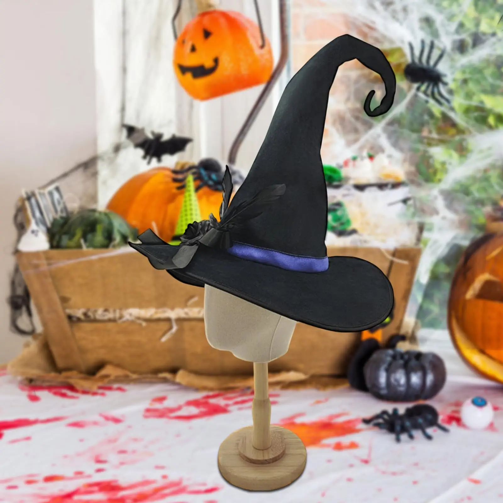 

Halloween Party Witch Hat With Wide Black Flower Feather Velvet Halloween Witch Cosplay Costume Accessories For Women