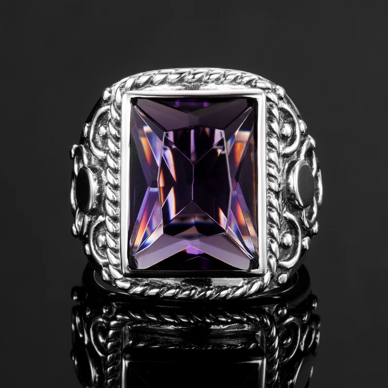 Unique 925 Sterling Silver Heavy Signet Rings Men's Massive Amethyst 12*16mm Stone Party Vintage Male Jewelry Gift For Husband