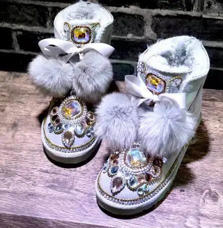 

Winter Lighy Gray Suede Luxury Crystal Gems Rhinestone Flower Flats Snow Boots Women Round Toe Plush Fur Warming Short Boots