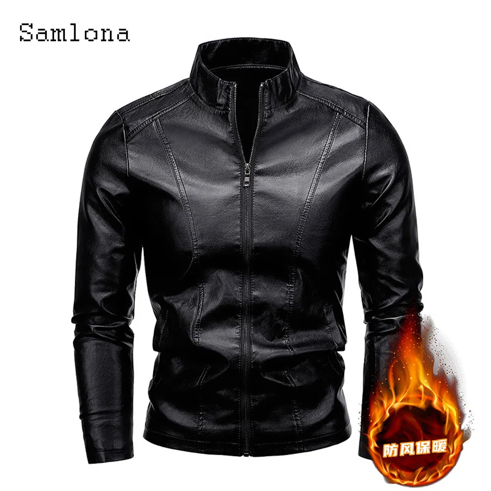 2024 Men's Pu Leather Jackets with Velvet Black Soft Faux Leather Coats Men Fashion Zipper Fly Outerwear Motorcycle Jacket New