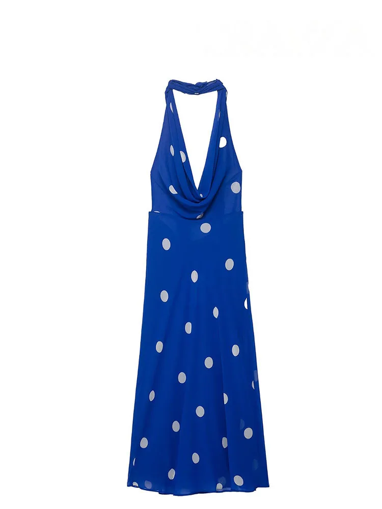 HH dames zomermode sexy jurken blauwe stippen swingende kraag mouwloze rugloze rits vrouwelijke strandstijl lange jurk