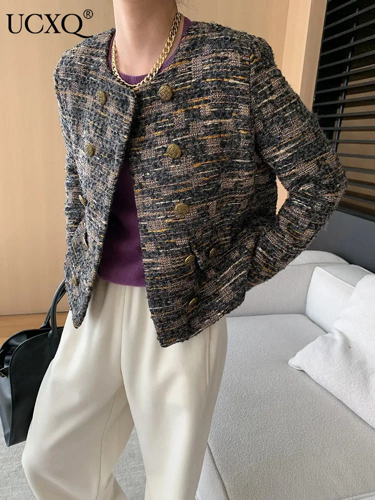 

UCXQ Vintage Casual Jacket European Style Tweed O Neck Cardigan Office Lady All Match Elegant Coat Women 2024 Spring Autumn 9912