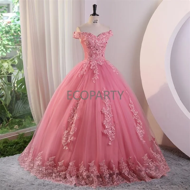 Vestidos de quinceañera rosa para mujer, vestido de fiesta de flores dulces, vestido de baile de encaje de lujo, foto Real, vestido de graduación, Vestidos bohemios, Ecoparty