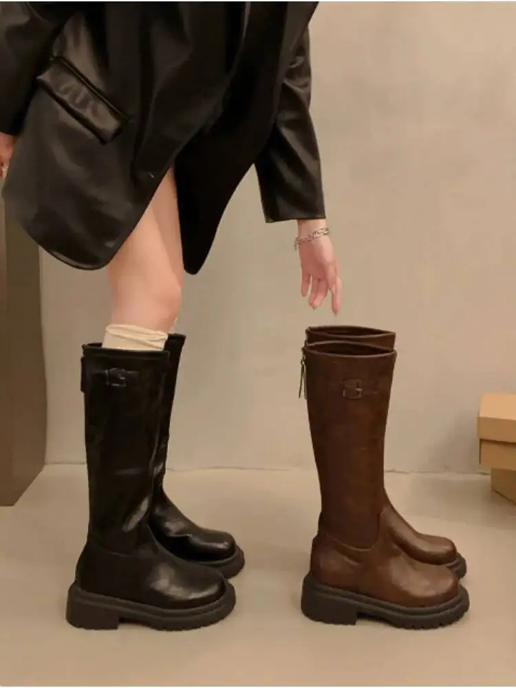 

Women Calf Boots 2025 Autumn Winter Women's Maillard Western Cowboy Riding Boots New Chunky Mid Heel Thick Soled Long Boots