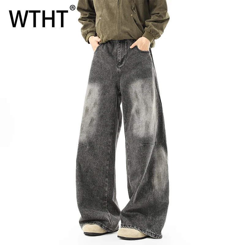 

Модные мужские джинсы WTHT с эффектом потертости и граффити, сшитые из разных тканей, в стиле High Street, широкие прямые, весна 2026, модель 2A2797