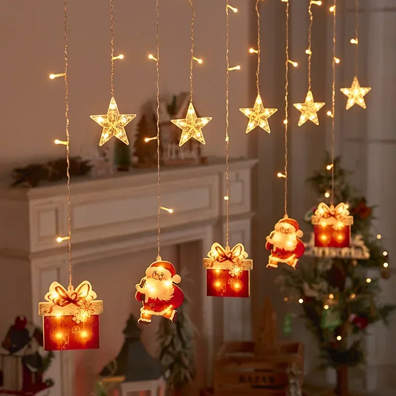 คริสต์มาสไฟ LED Fairy String Curtain ไฟ Garland Festoon ตกแต่งคริสต์มาสสําหรับ Home Navidad 2025 ใหม่ปี Holiday Decor