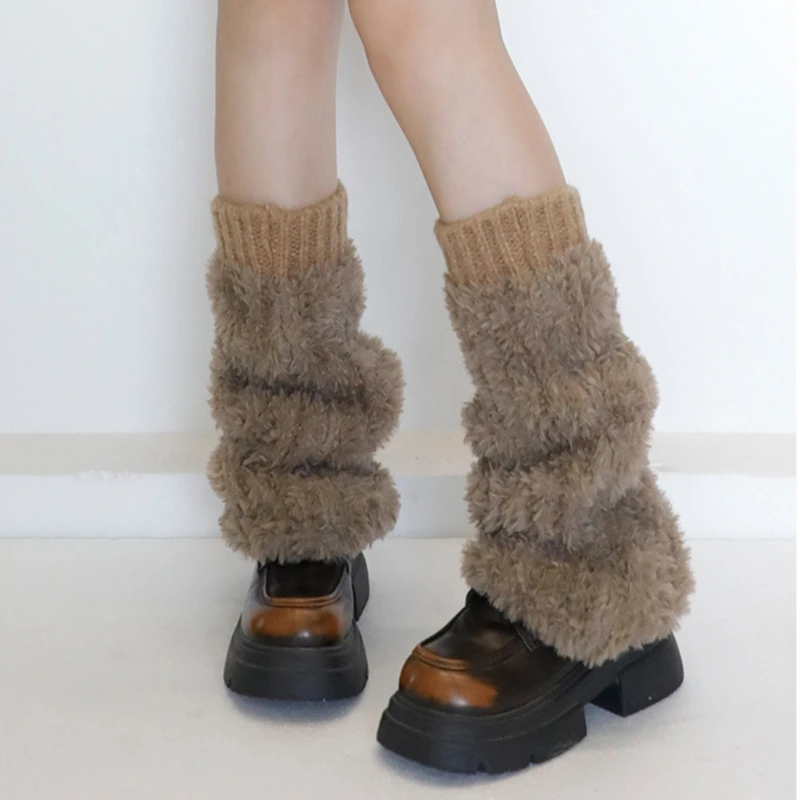 Ribbed Knitted Cuffs Plush Furry Leg Warmers for Women Winter Boot Toppers Fuzzy Leg Covers Footless Socks Streetwear