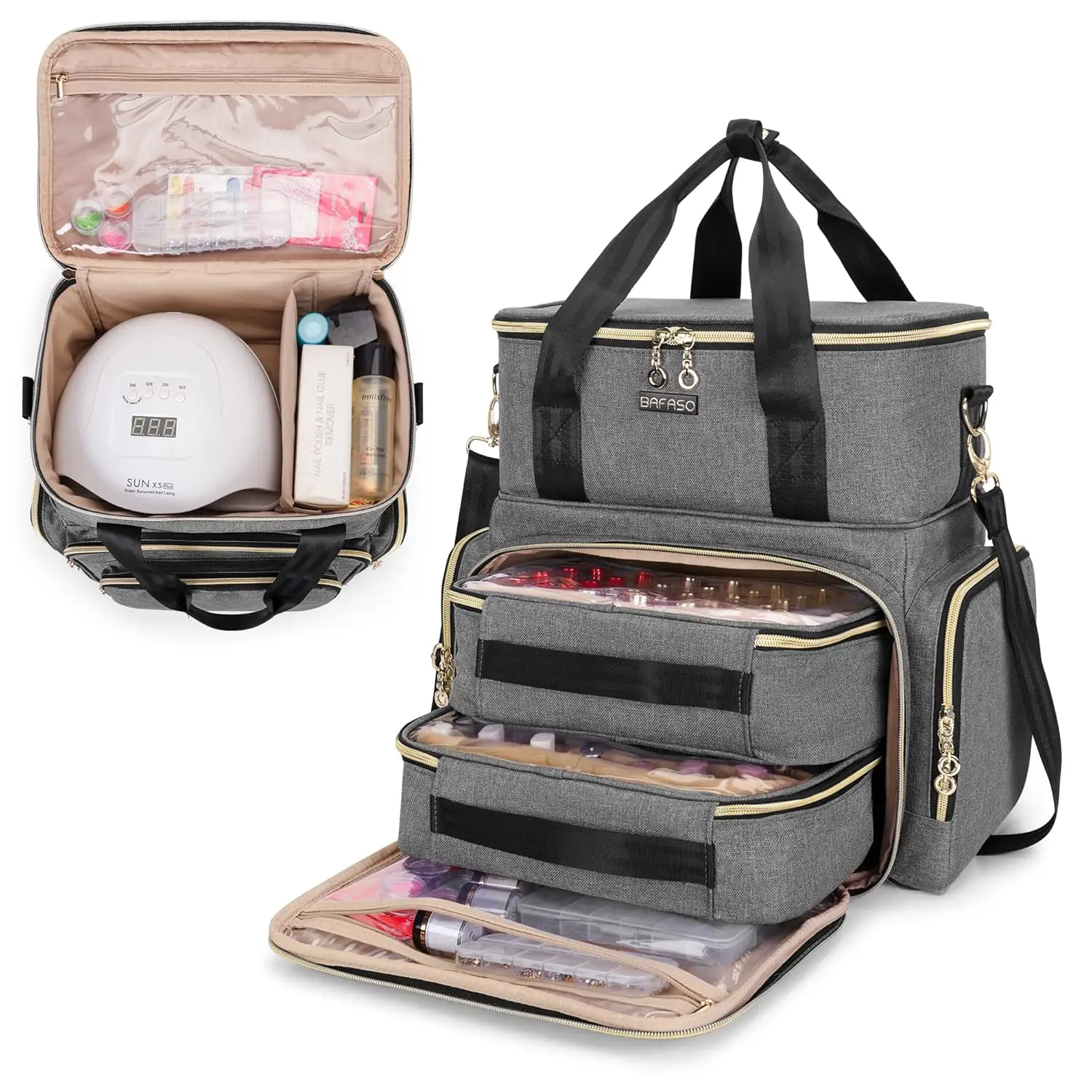 

Двухслойный органайзер для лаков для ногтей на 70 флаконов с сушилкой для ногтей, 2 съемными сумками и отделениями для хранения инструментов, серый