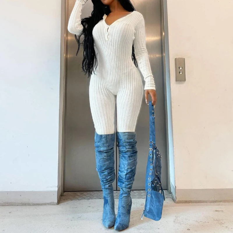 Solid White Sexy Bodycon Single-breasted High Street Jumpsuits For Women 2022 Fall Winter New Full Sleeves O Neck Sporty Rompers