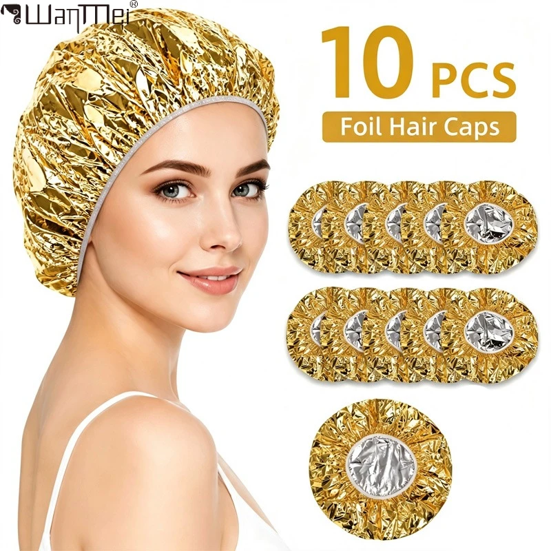 10Pcs Gold Aluminum Foil Hair Cap Elastic Heat Insulation Processing Caps For Hair Mask Hot Oil Dye Salon Home Hair Care Tools