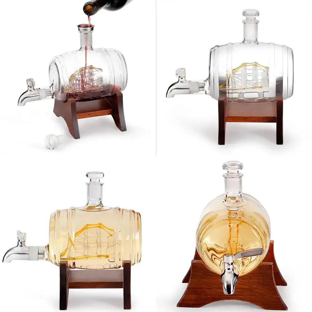 Handmade Borosilicate Unique Dispenser 1000ml Glass Barrel Whiskey Bottle Decanter With Stopper Wood Holder