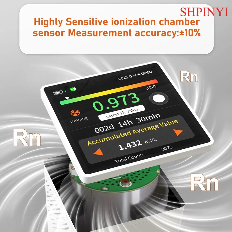 Rilevatore radon Allarme visivo acustico Display LCD a colori touchscreen, rilevatore di gas radon a lungo termine Monitoraggio PCi/L o Bq/m3