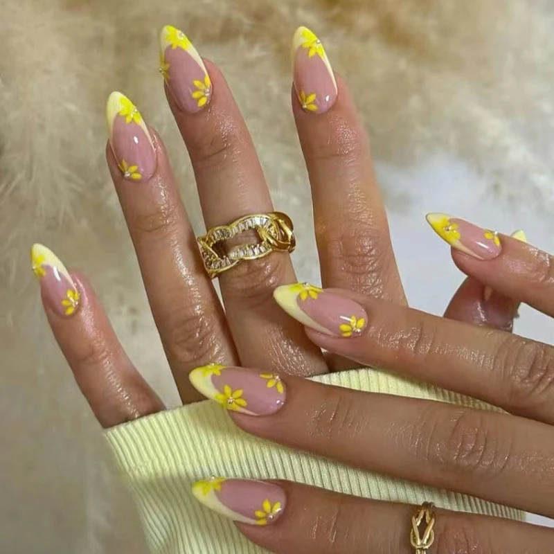 Yellow Little Flowers Pearl Cute Almond Shape False Nails Simple French Detachable Finished Fake Nails Press on Nails with Glue