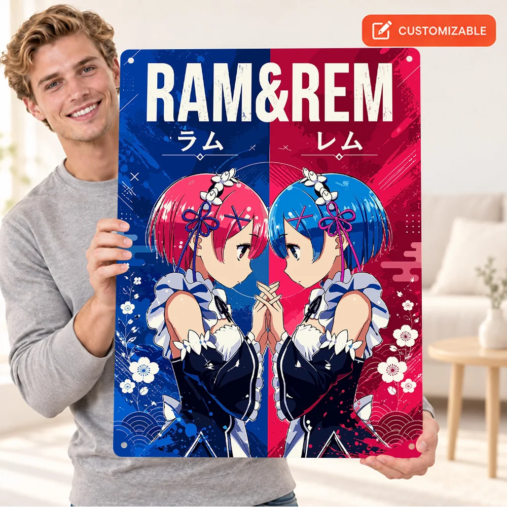 Ram And Rem Re Zero Printed Poster Customized Aluminum Metal Sign Vector Illustration Wall Art For Bedroom Animation Lover Gift