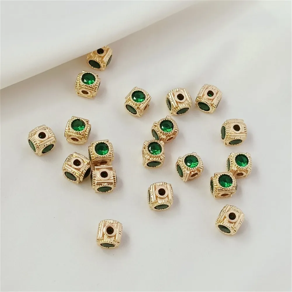 14K Gold-plated and Zircon Square Through-hole Beads, DIY Handcrafted Bracelet, Necklace, Bead Threading and Matching Materials