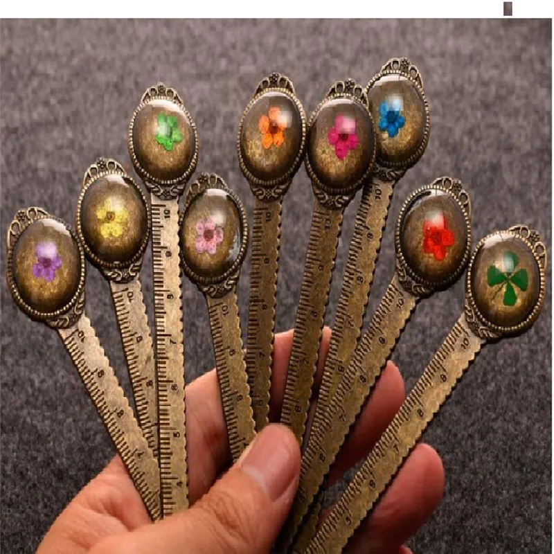 100PCS Metal Bookmark Ruler, Bronze Book Mark Retro Bookmark with Vintage Dried Flower, Bookmark for Student, Teacher, Book Club