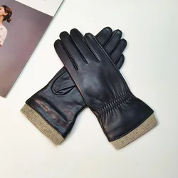 Women's Sheepskin Gloves Elastic Warm Wool Knitted Cycling Driving Leather Gloves