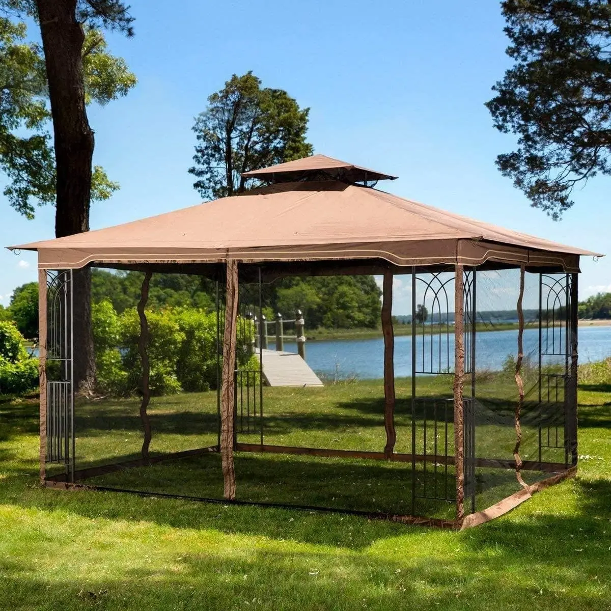 Regency 10X12 Gazebo With Mosquito Netting, Plant Rings, Corner Shelves, Ground Stakes And Center Hook