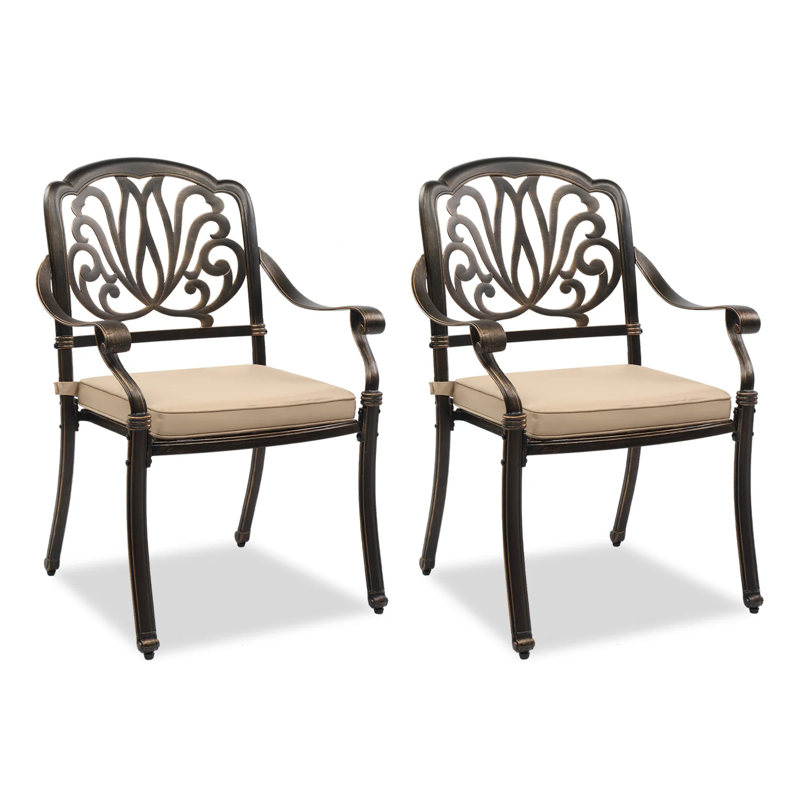 Set of 2 Cast Aluminum Patio Dining Chairs with Cushions, Stackable Outdoor Bistro Chairs for Balcony Backyard Antique Bronze