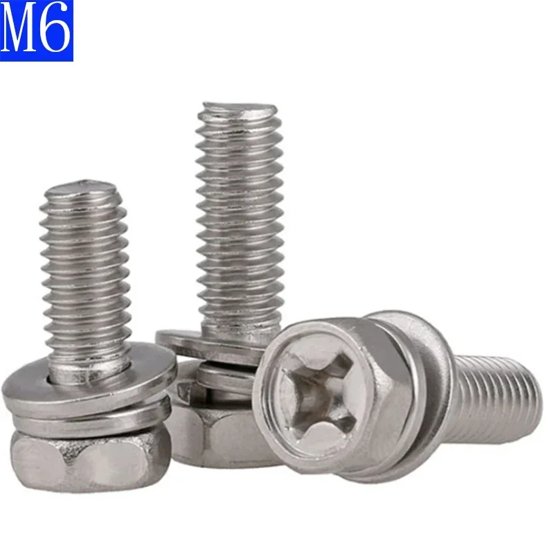 M6 - 1.0  6mm  304 stainless steel Cross Recessed Hex Bolt Indentation,Lock Washer &Plain Washer Assemblies