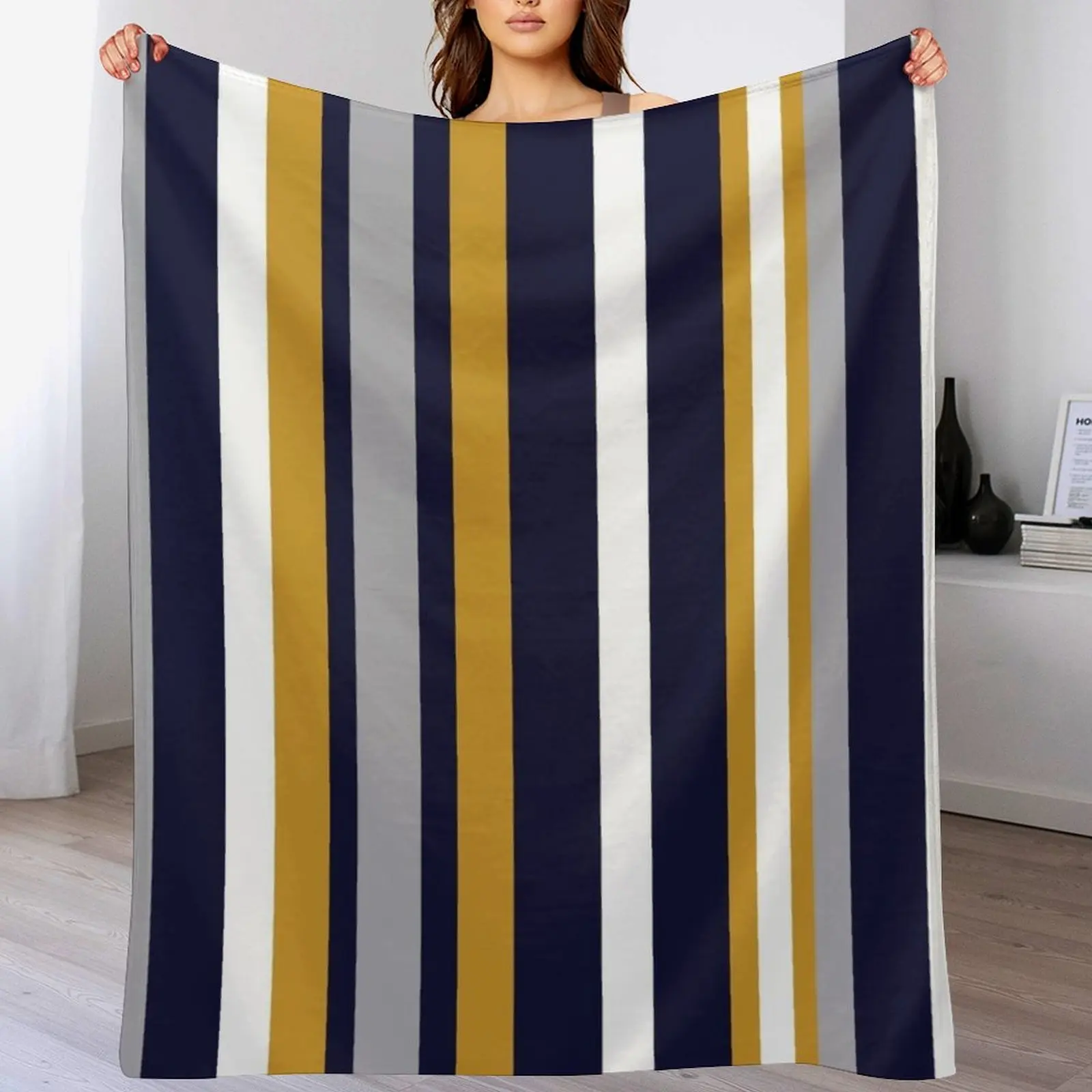 

Modern Stripes Vertical Pattern in Honey Mustard Yellow, Dark Navy Blue, Gray, and White. Minimalist Color Block Throw Blanket