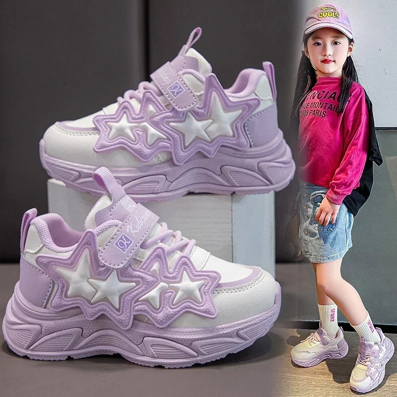 Children Casual Shoes for Girls Fashion Classic with Stars Girls Sports Running Sneakers Breathable PU + Rubber Anti-skid Soft