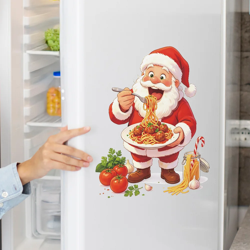 Funny Santa Eating Pasta Fridge Sticker, Home Kitchen Dining Room Beautification Christmas Festive Refrigerator Decal Ornament