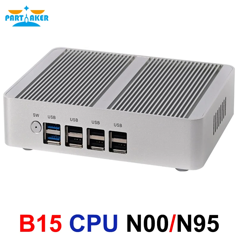 Partaker Fanless Mini PC Intel N100 N95 Dual LAN Dual HD DP 4K 60Hz Triple Display DDR4 WiFi Win 10/11 Small Desktop Computer