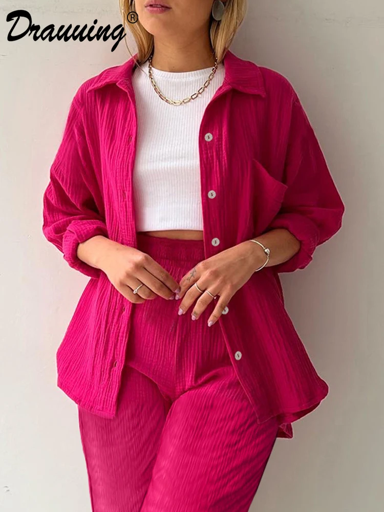 

Drauuing Casual 2 Pieces Sets Women Long Sleeve Blouse And Pant Women Loose Pant Outfits Women Autumn New Track Suit Women